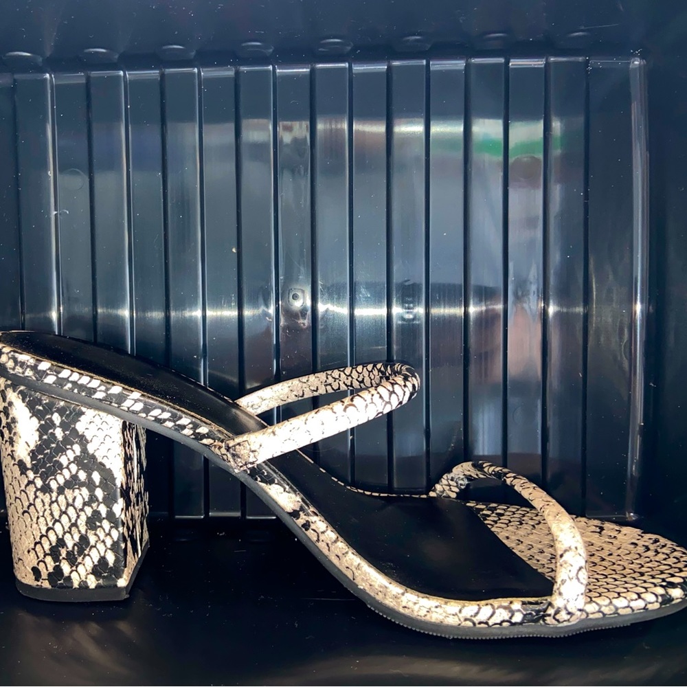 Black And White Snake Print Block Heels - image 1